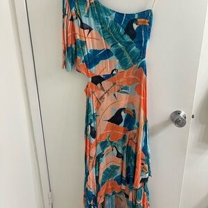 FARM Rio One-Shoulder Dress - Blue and Orange Toucan Print
